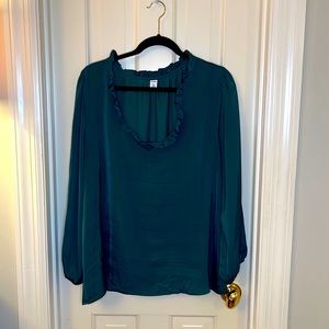 Silky deep green blouse with ruffle neckline